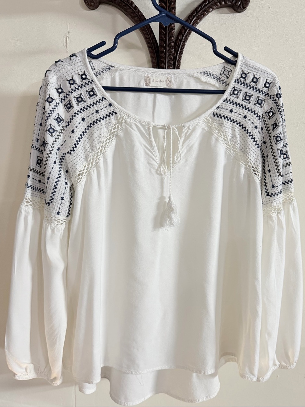 Alter’d State White Embroidered Boho Peasant Blouse Tassel Tie M Cottagecore
